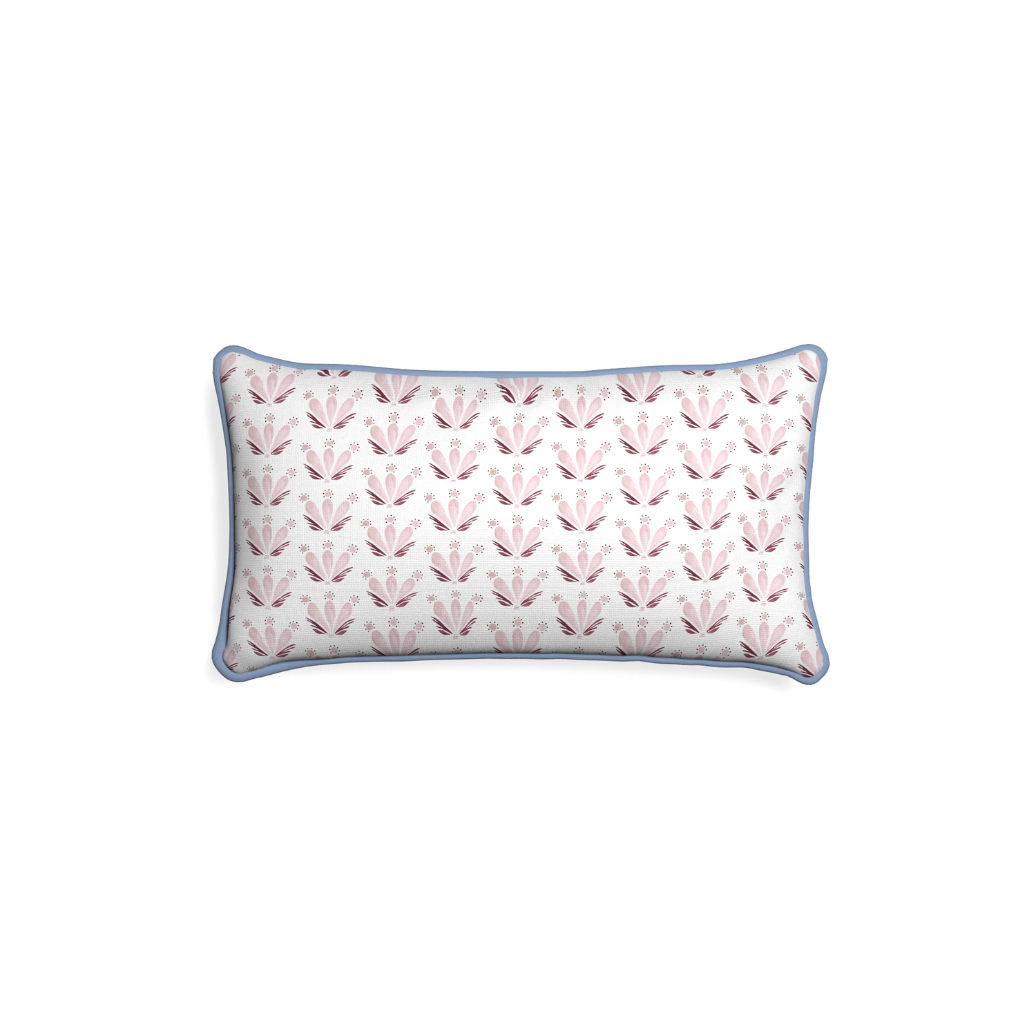 Petite-lumbar serena pink custom pink & burgundy drop repeat floralpillow with sky piping on white background