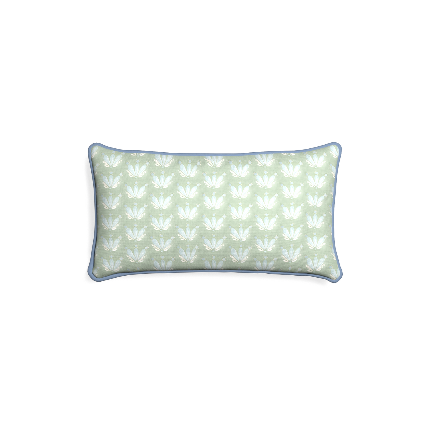 Petite-lumbar serena sea salt custom blue & green floral drop repeatpillow with sky piping on white background