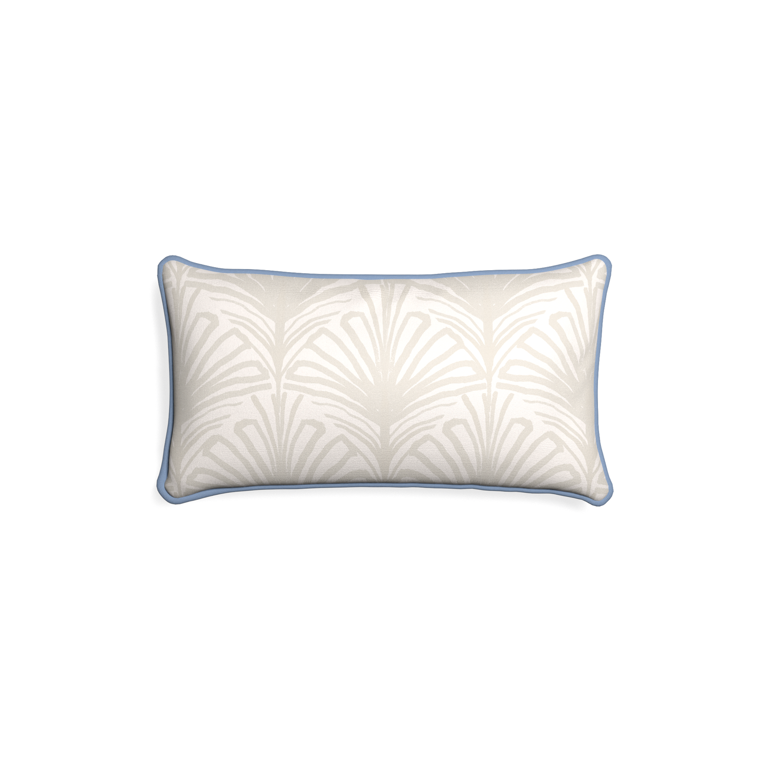 Petite-lumbar suzy sand custom beige palmpillow with sky piping on white background