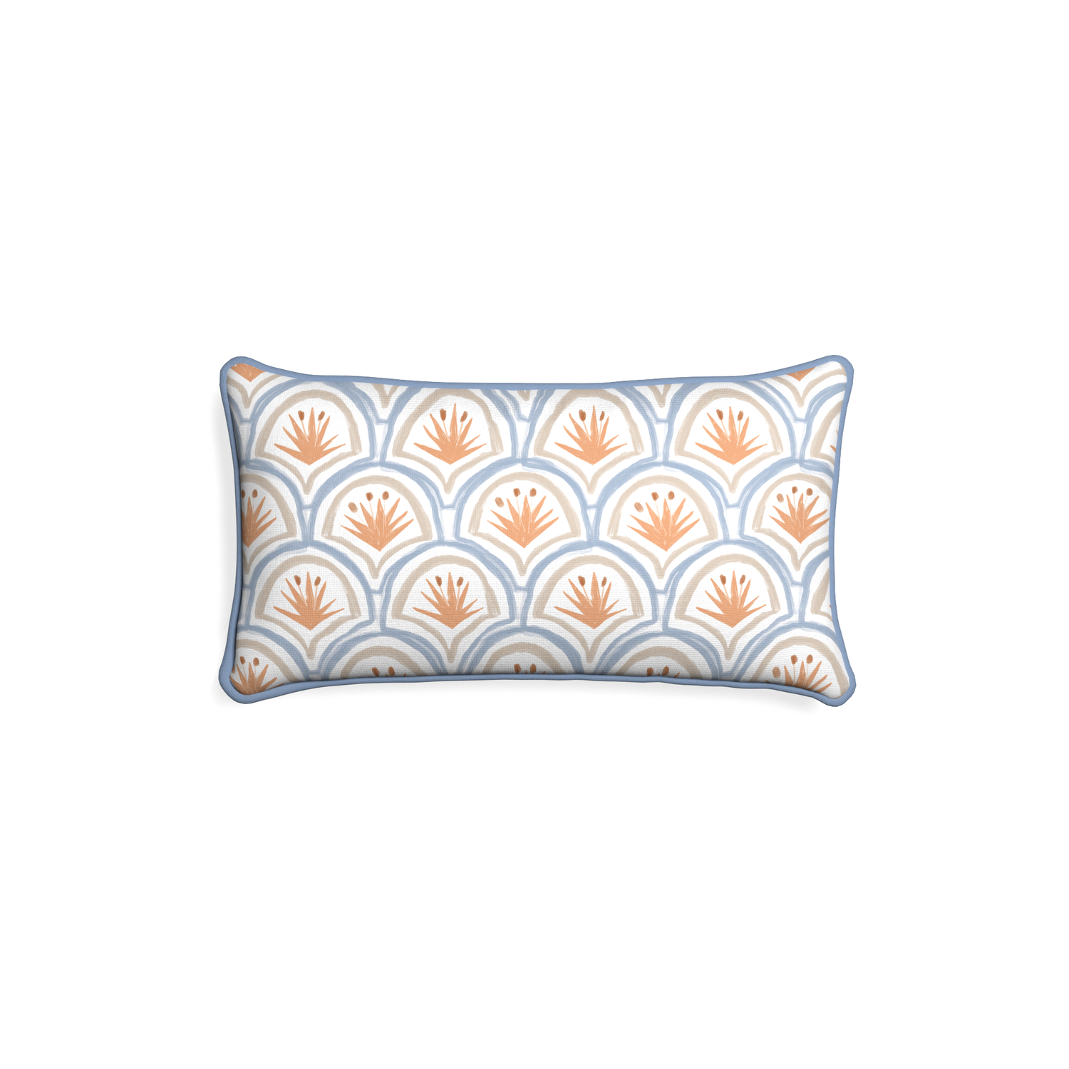 Petite-lumbar thatcher apricot custom art deco palm patternpillow with sky piping on white background