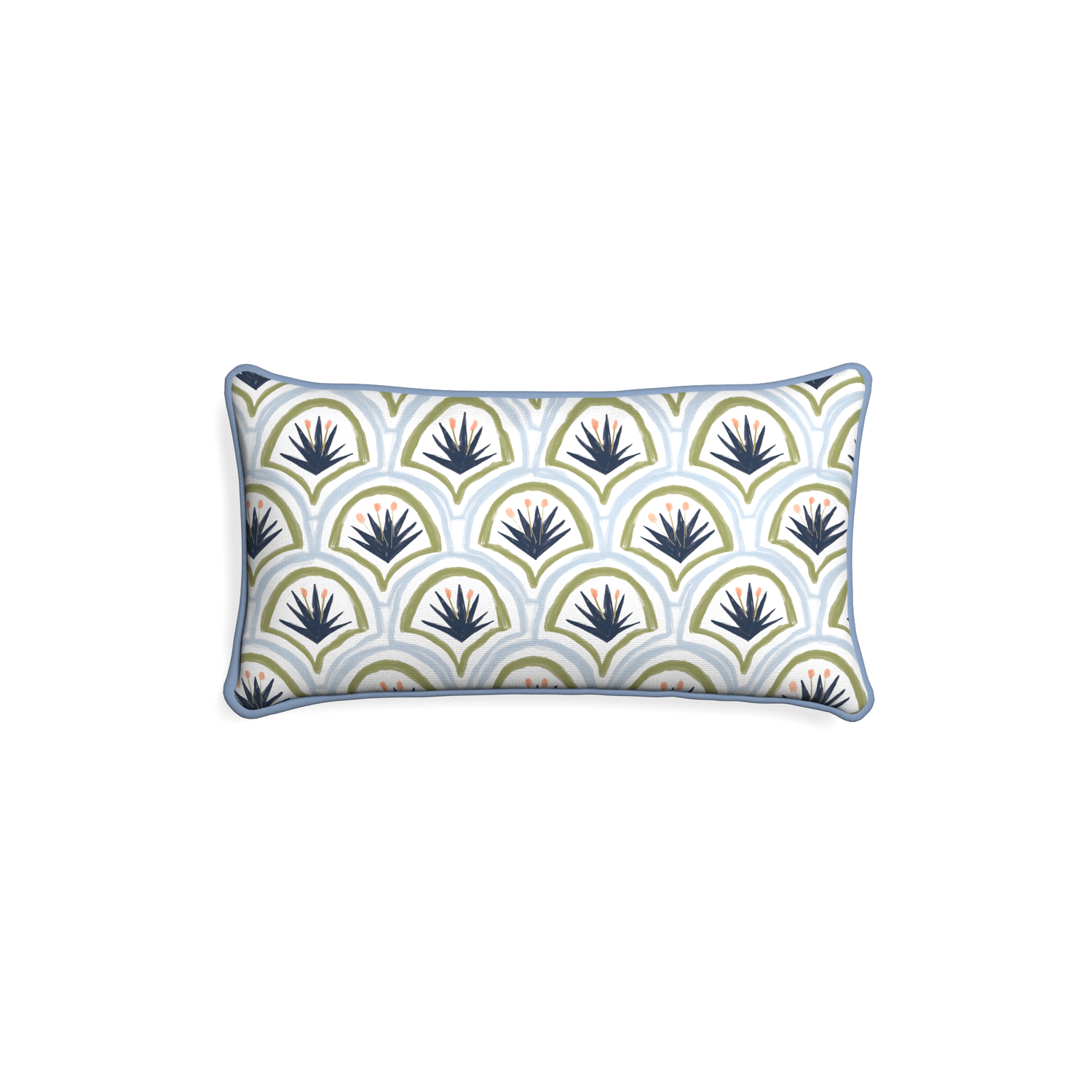 Petite-lumbar thatcher midnight custom art deco palm patternpillow with sky piping on white background