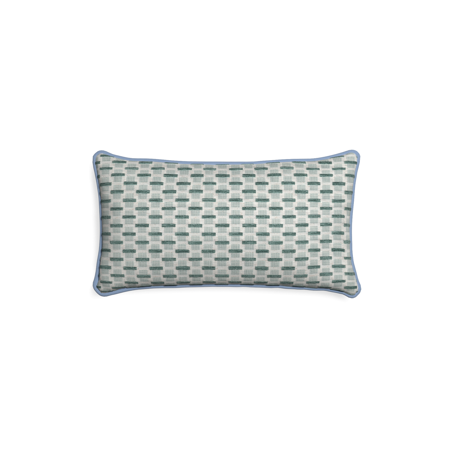 Petite-lumbar willow mint custom green geometric chenillepillow with sky piping on white background