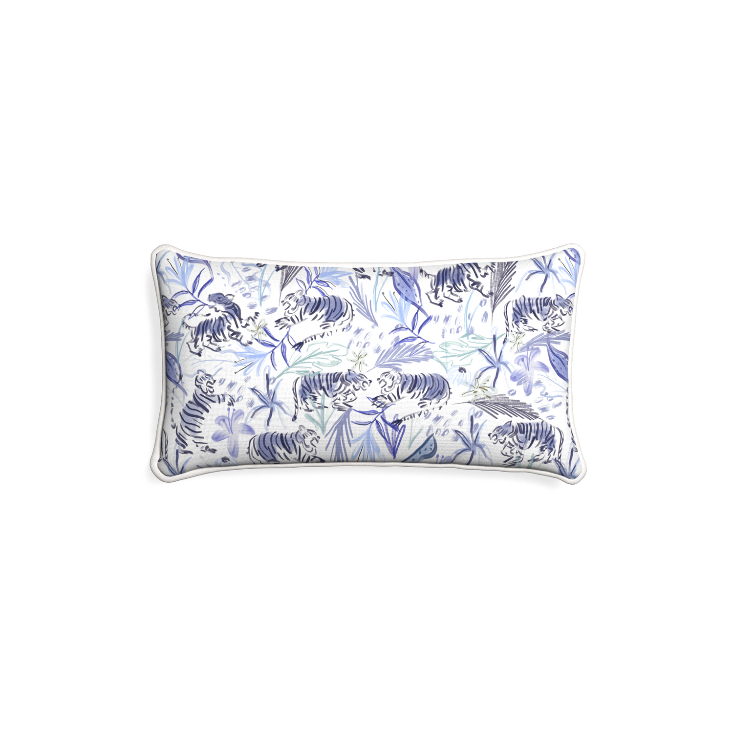Petite-lumbar frida blue custom blue with intricate tiger designpillow with snow piping on white background