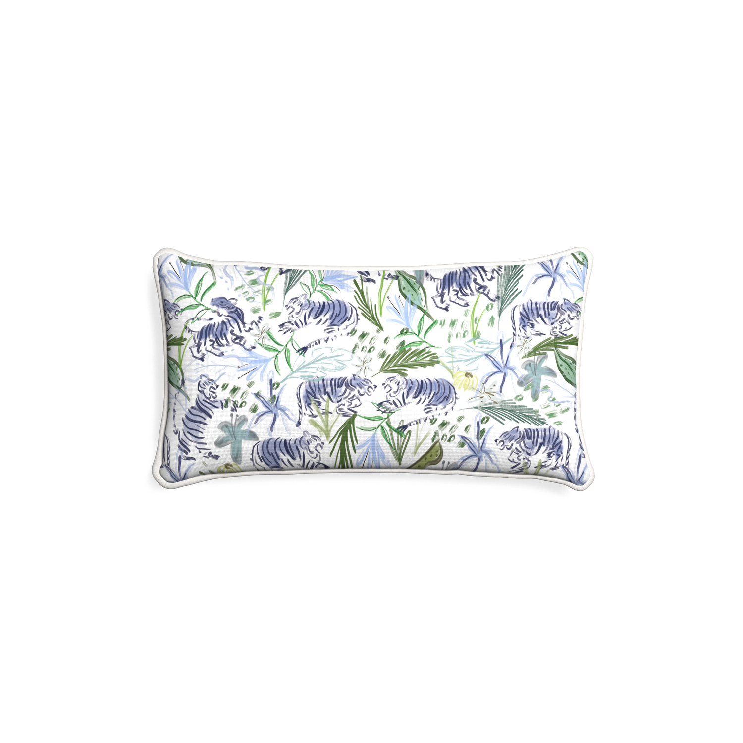 Petite-lumbar frida green custom green tigerpillow with snow piping on white background