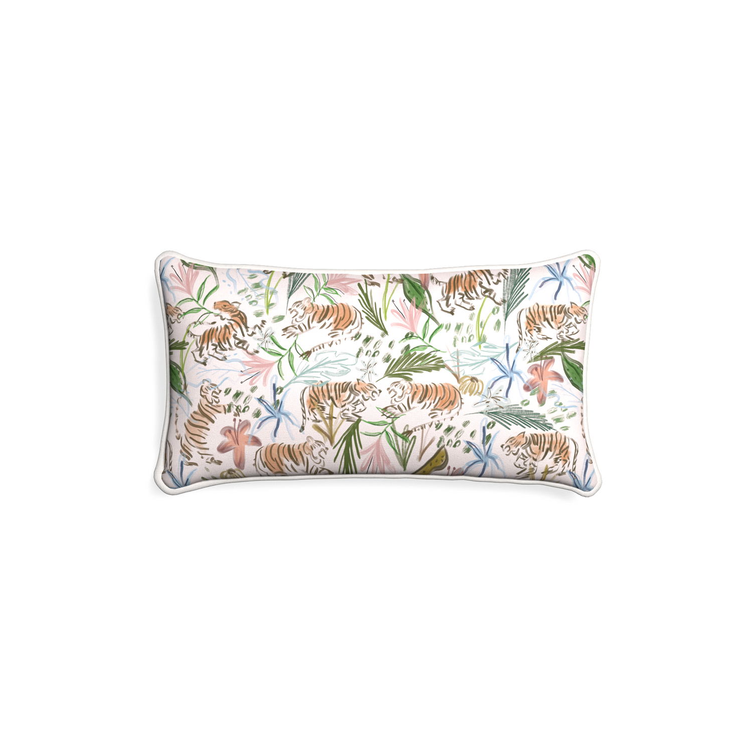 Petite-lumbar frida pink custom pink chinoiserie tigerpillow with snow piping on white background