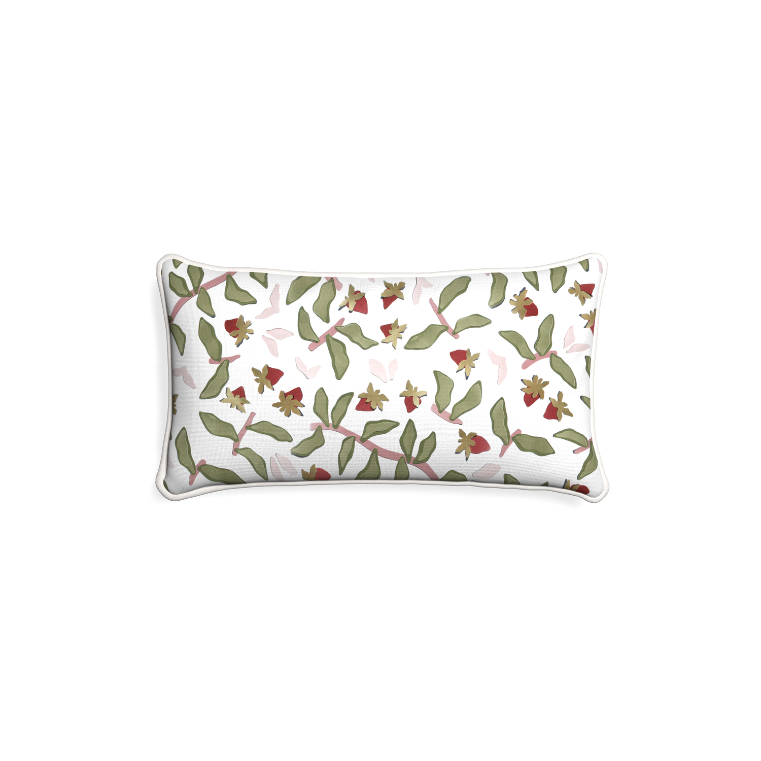 Petite-lumbar nellie custom strawberry & botanicalpillow with snow piping on white background