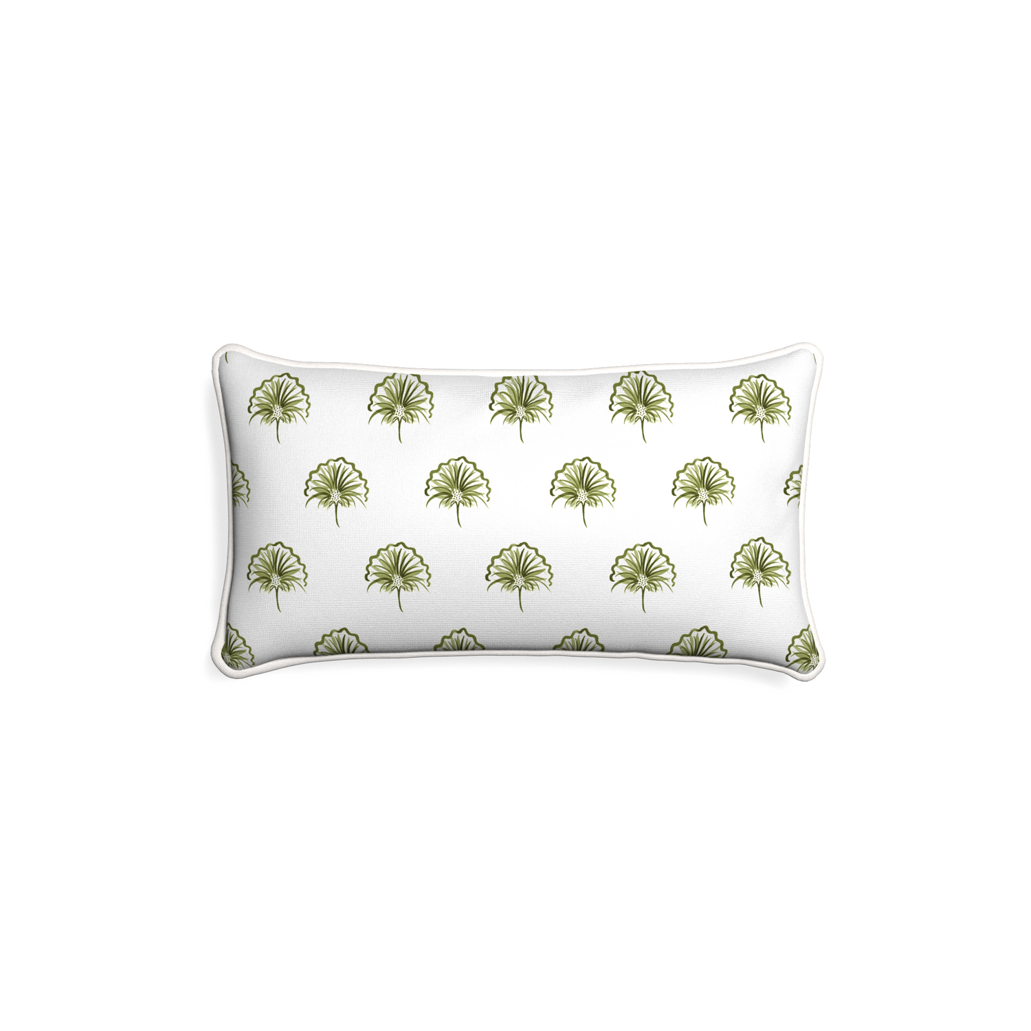 Petite-lumbar penelope moss custom green floralpillow with snow piping on white background