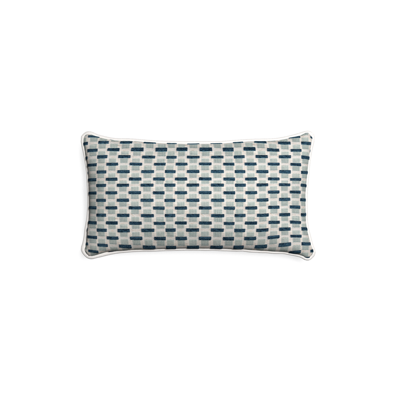 Petite-lumbar willow amalfi custom blue geometric chenillepillow with snow piping on white background