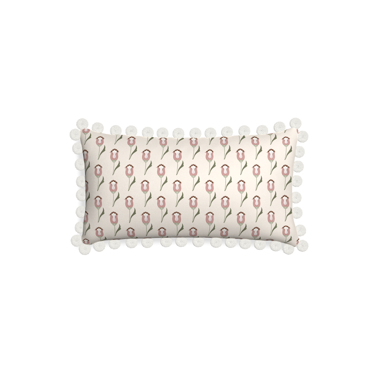 Petite-lumbar annabelle orchid custom pink tulippillow with snow pom pom on white background