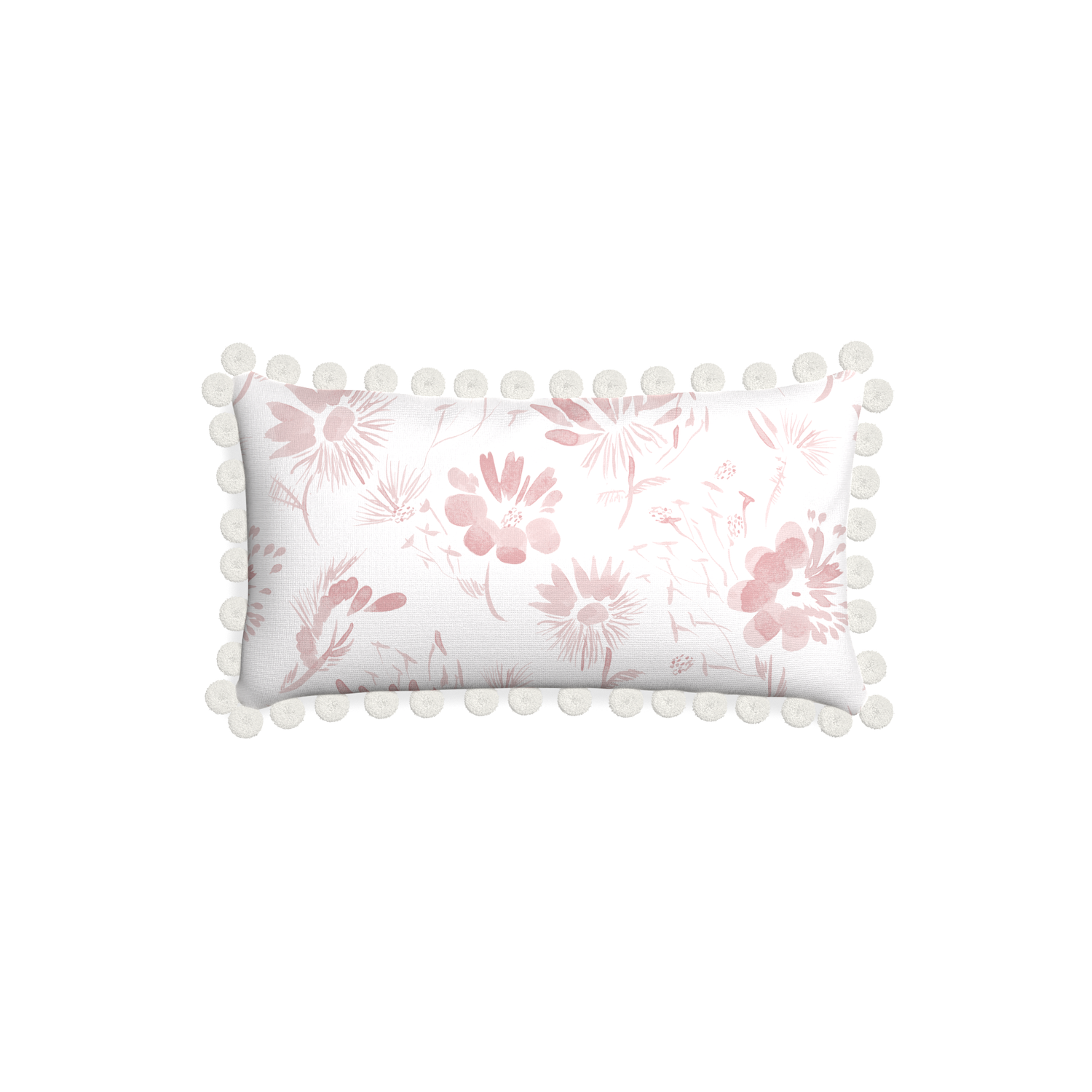 Petite-lumbar blake custom pink floralpillow with snow pom pom on white background