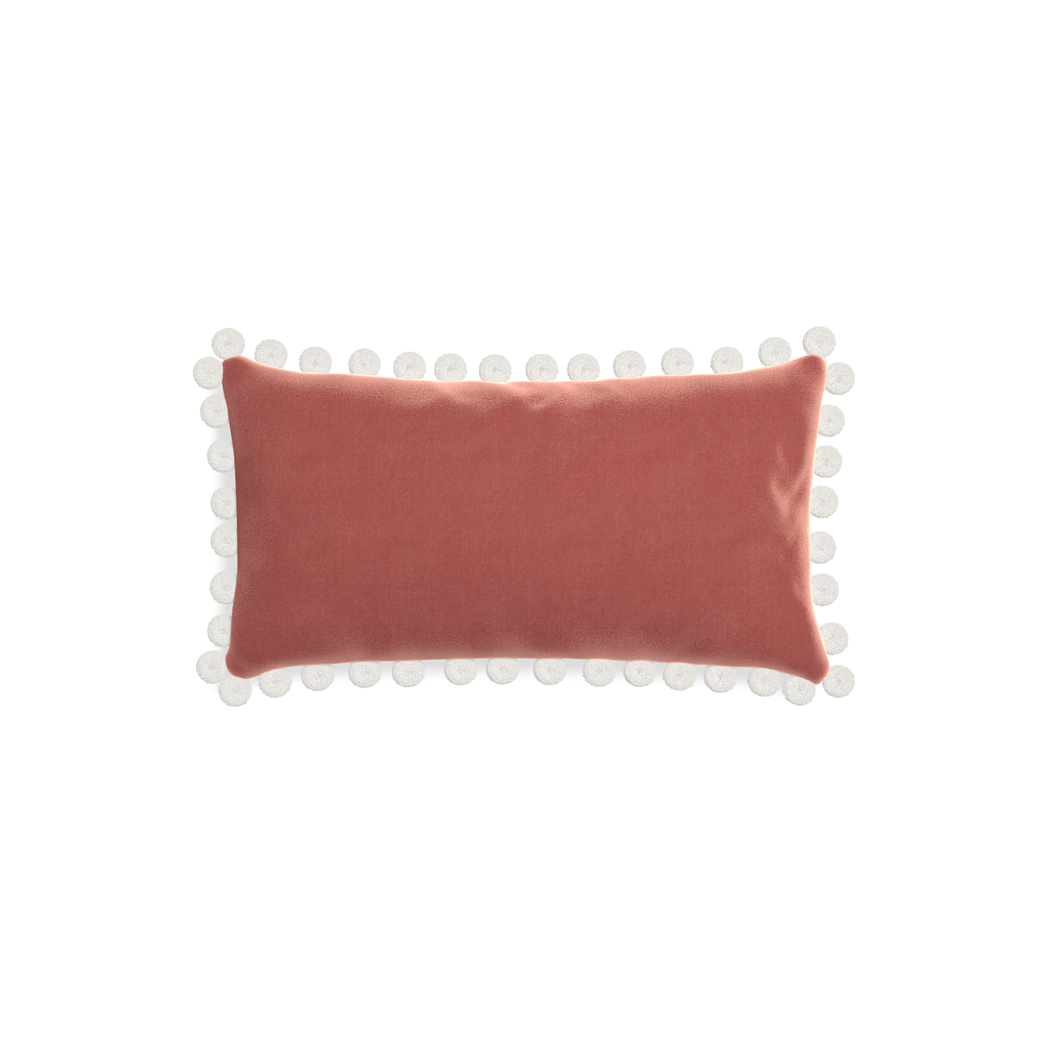 rectangle coral velvet pillow with white pom poms 