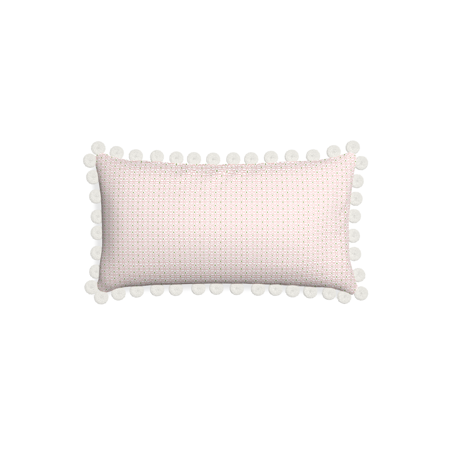 Petite-lumbar loomi pink custom pink geometricpillow with snow pom pom on white background