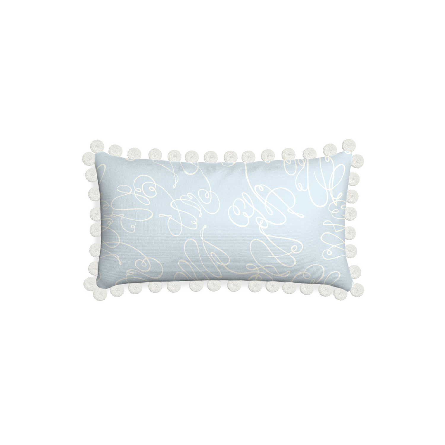 Petite-lumbar mirabella custom powder blue abstractpillow with snow pom pom on white background