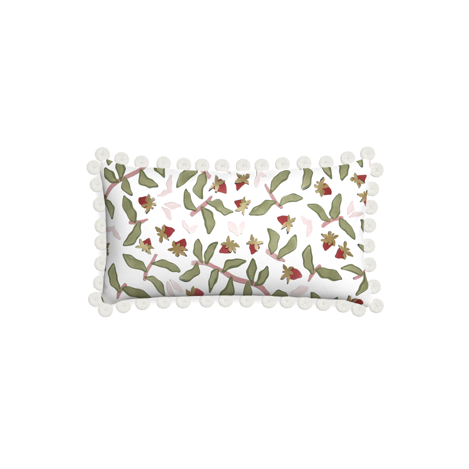 Petite-lumbar nellie custom strawberry & botanicalpillow with snow pom pom on white background