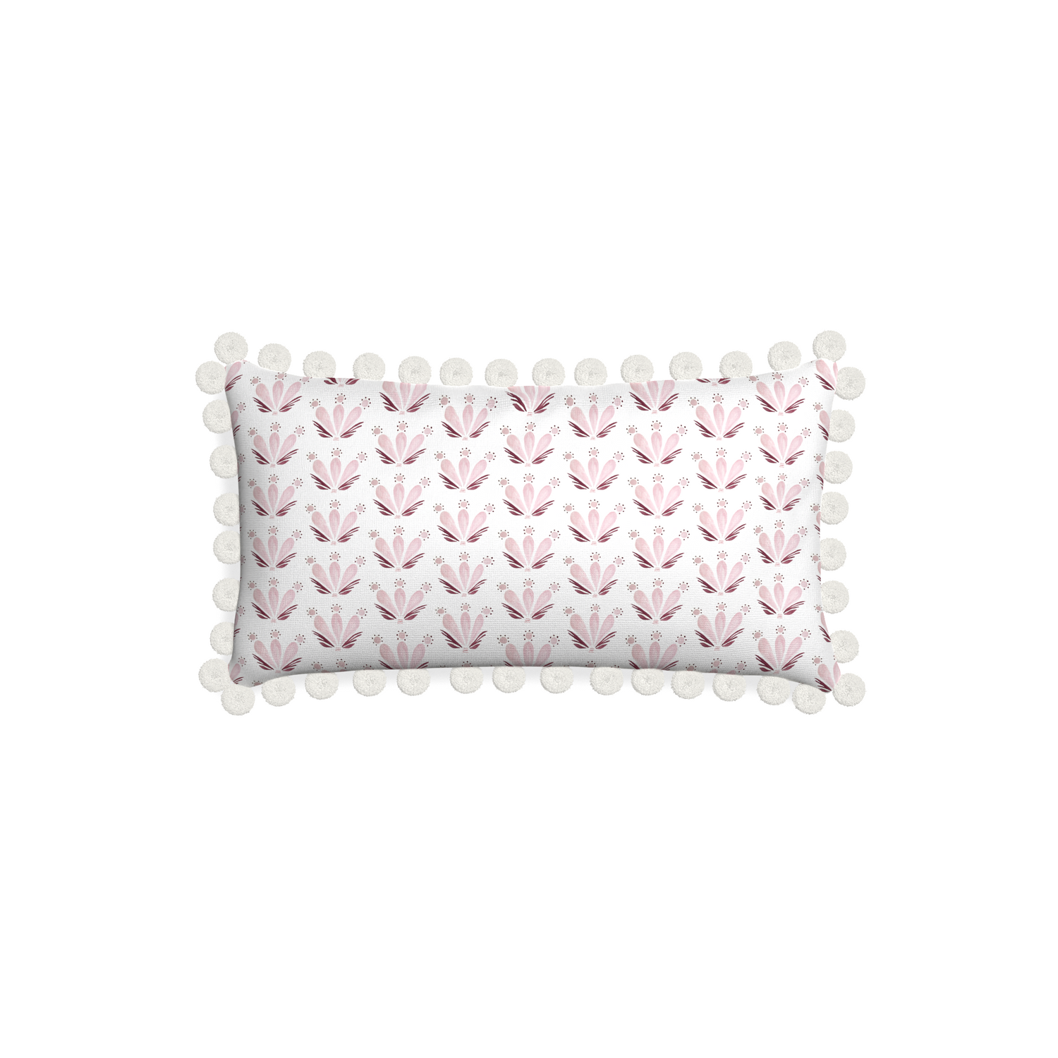 Petite-lumbar serena pink custom pink & burgundy drop repeat floralpillow with snow pom pom on white background