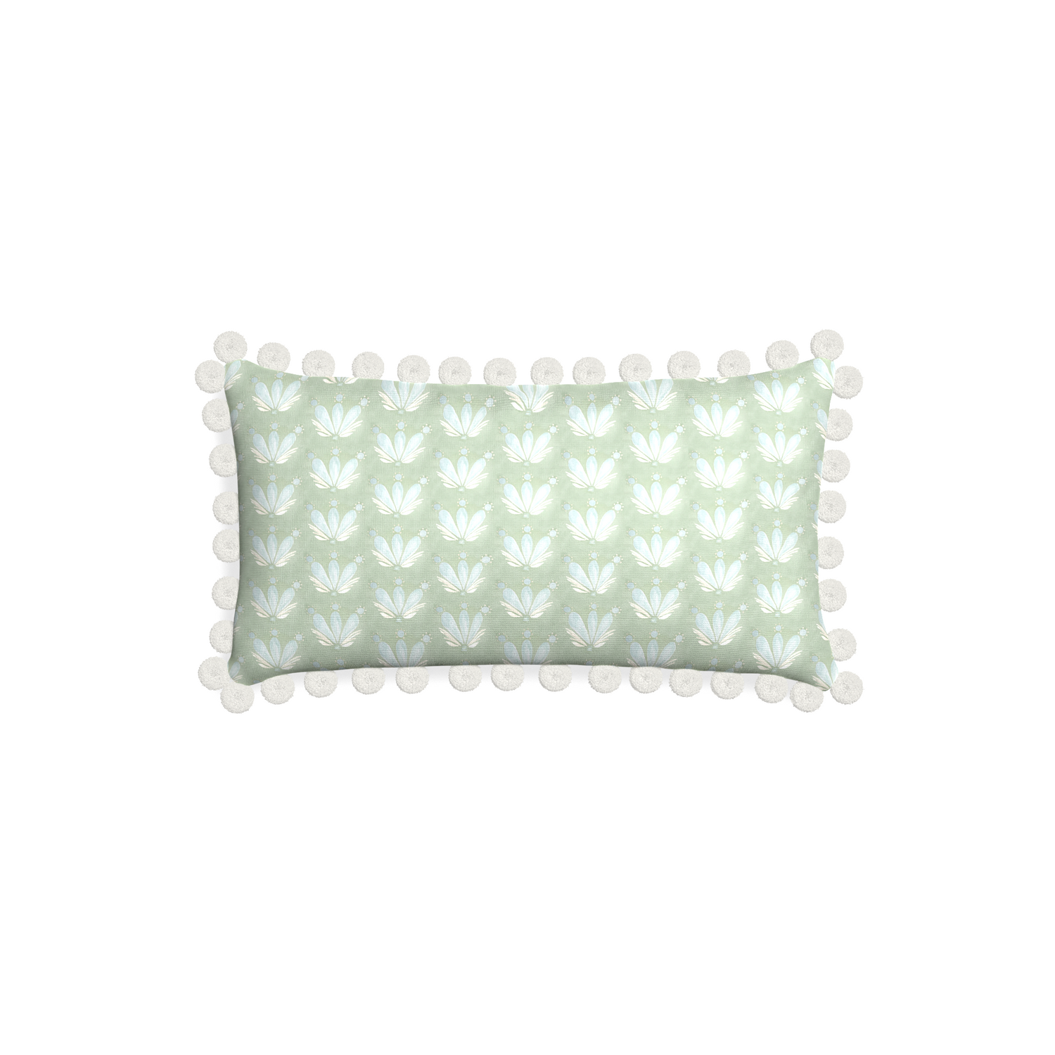 Petite-lumbar serena sea salt custom blue & green floral drop repeatpillow with snow pom pom on white background