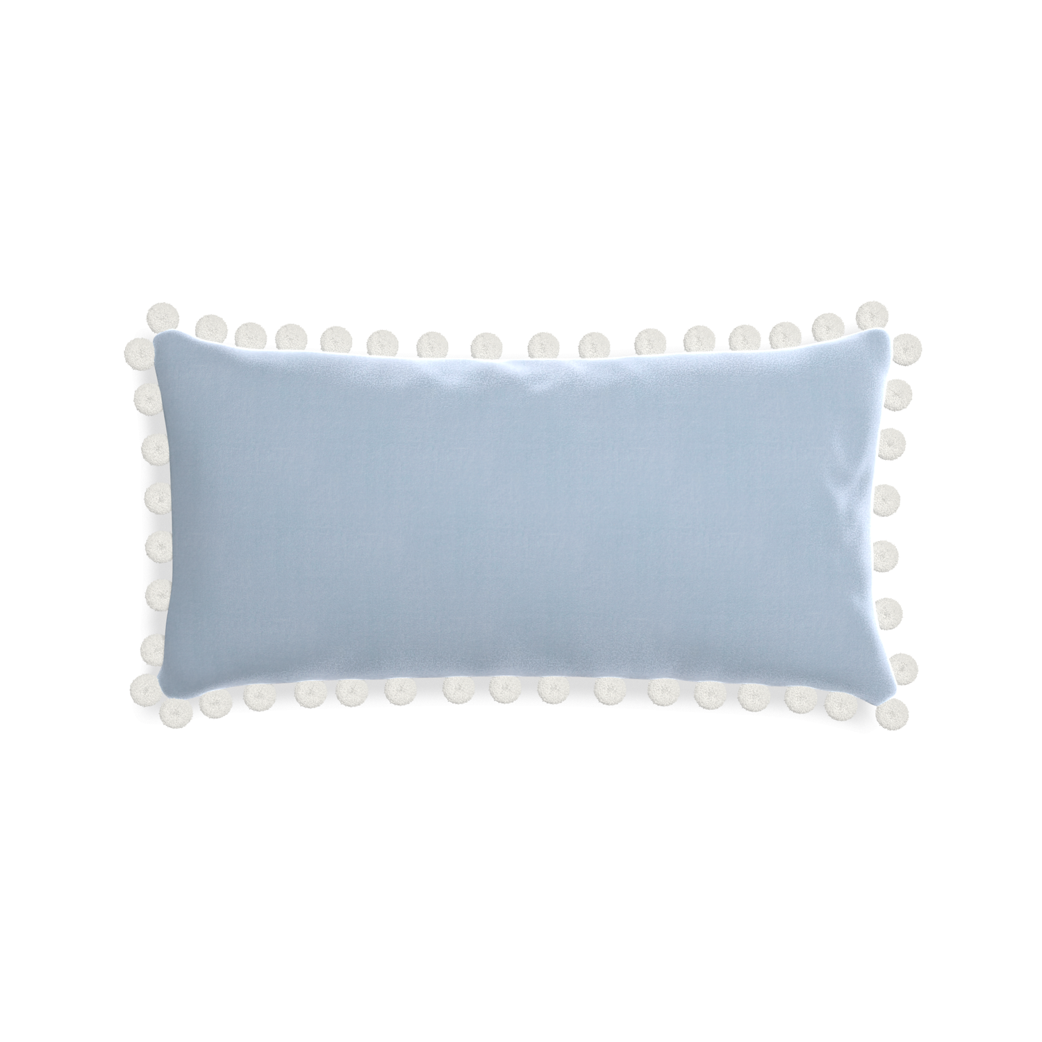 rectangle light blue velvet pillow with white pom poms 