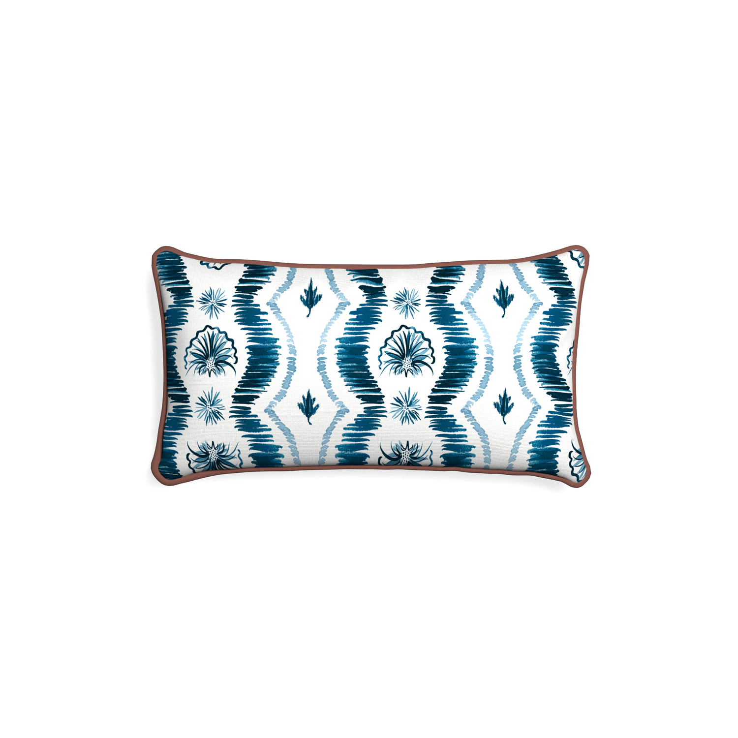 Petite-lumbar alice custom blue ikatpillow with w piping on white background