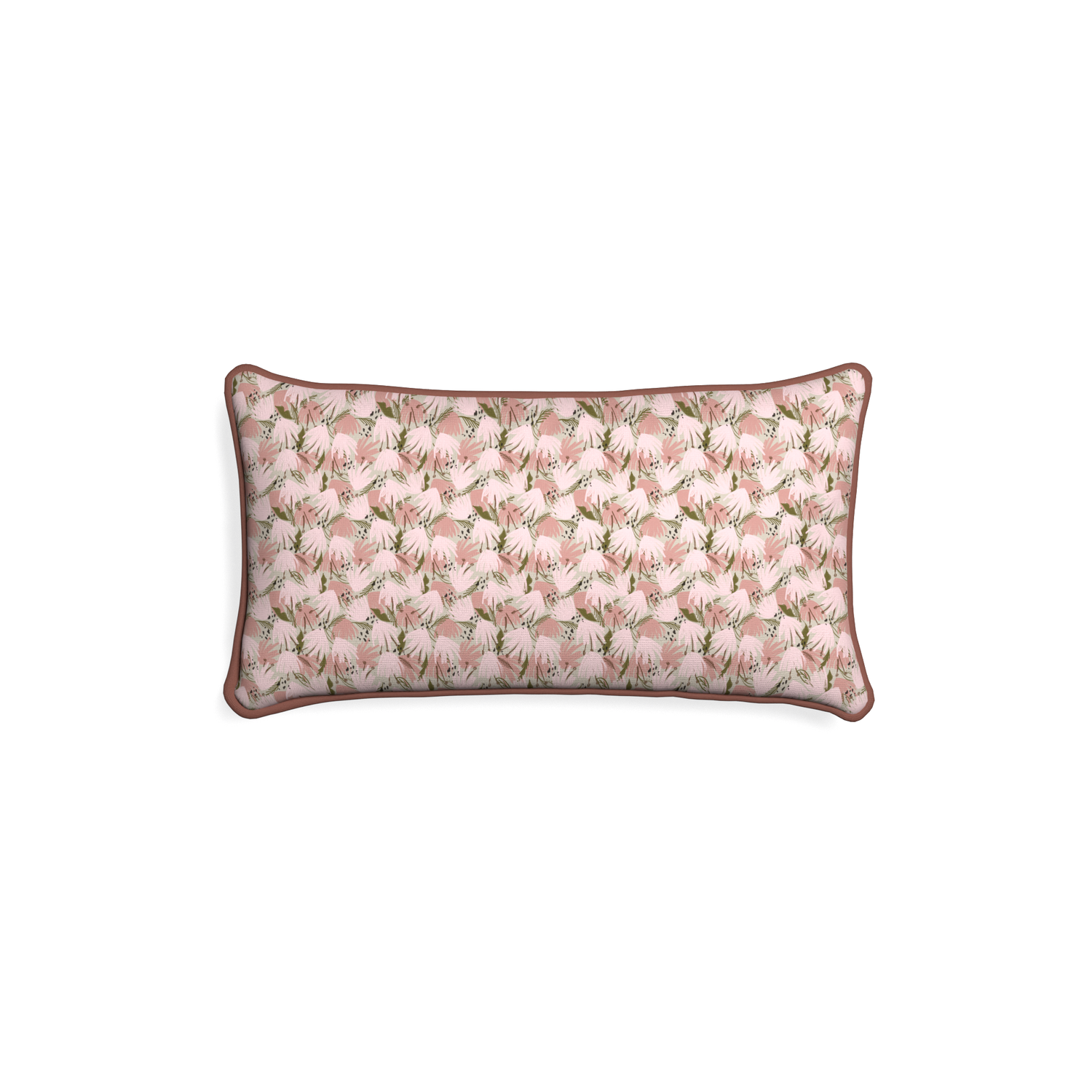 Petite-lumbar eden pink custom pink floralpillow with w piping on white background
