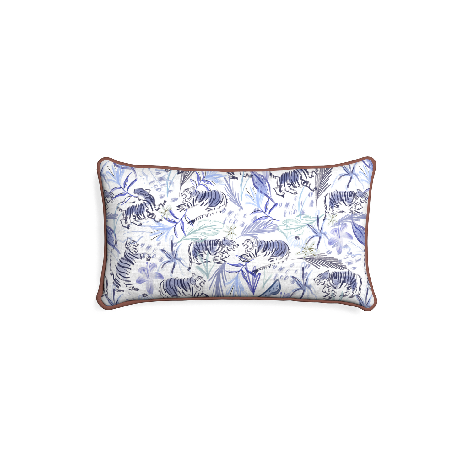 Petite-lumbar frida blue custom blue with intricate tiger designpillow with w piping on white background