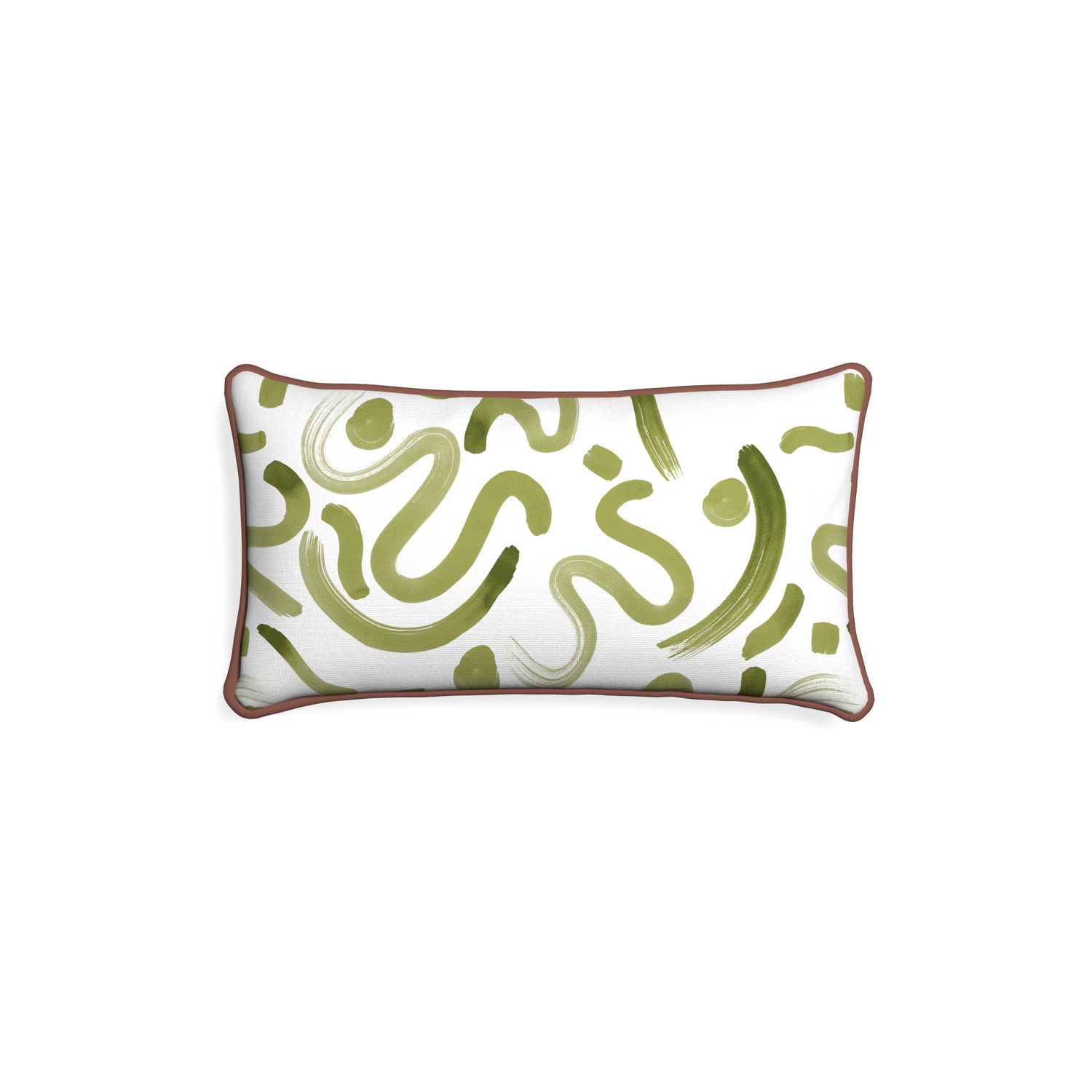 Petite-lumbar hockney moss custom moss greenpillow with w piping on white background