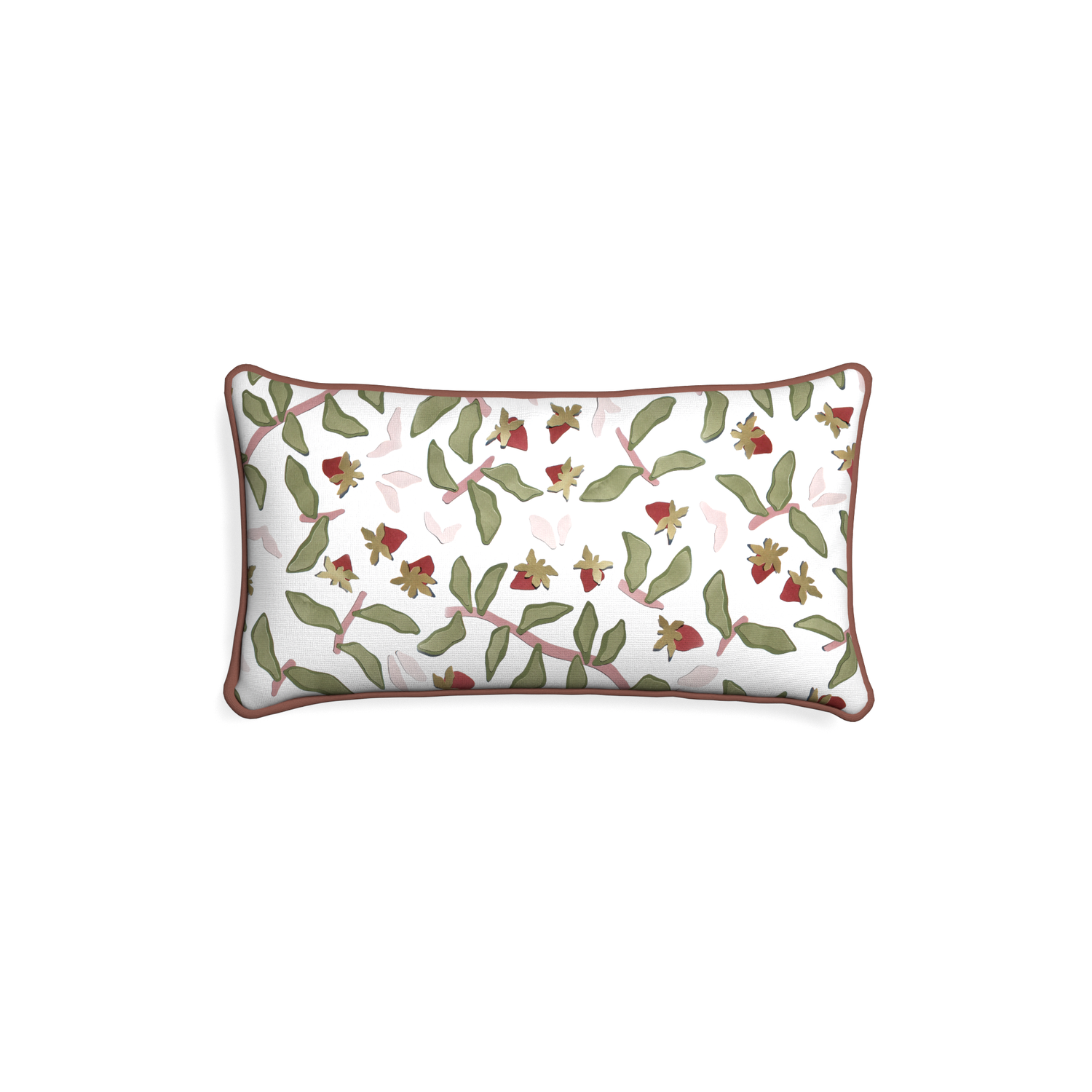 Petite-lumbar nellie custom strawberry & botanicalpillow with w piping on white background