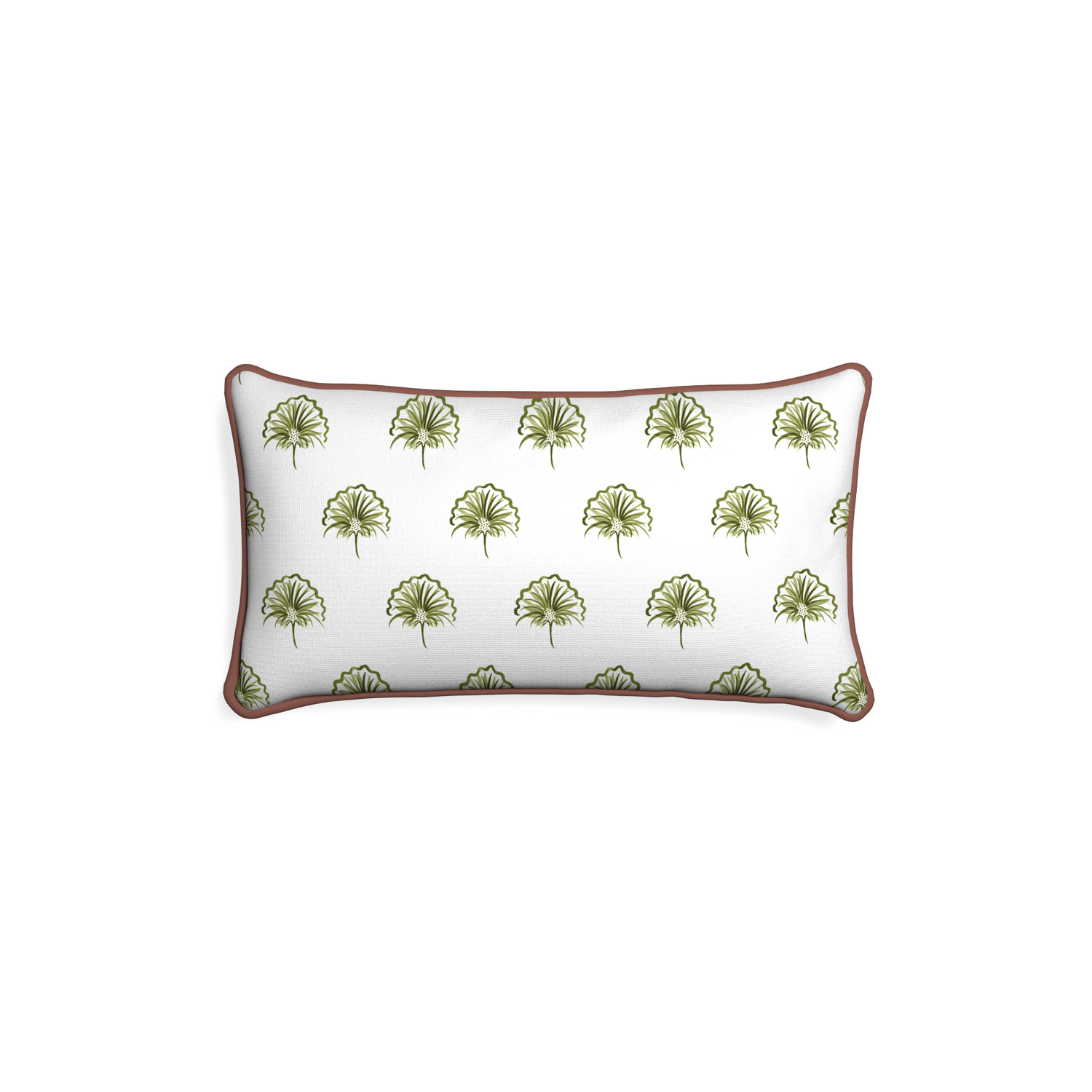 Petite-lumbar penelope moss custom green floralpillow with w piping on white background
