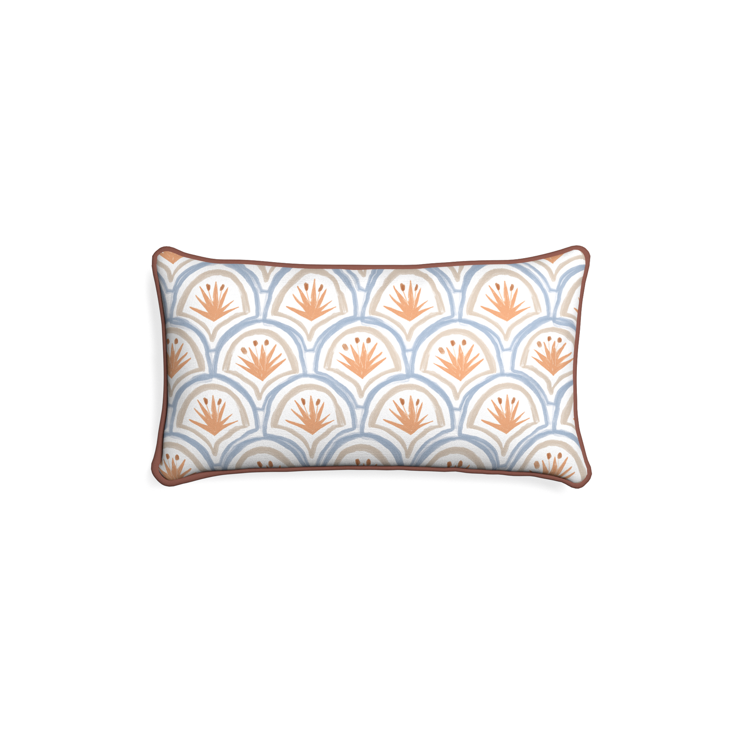Petite-lumbar thatcher apricot custom art deco palm patternpillow with w piping on white background