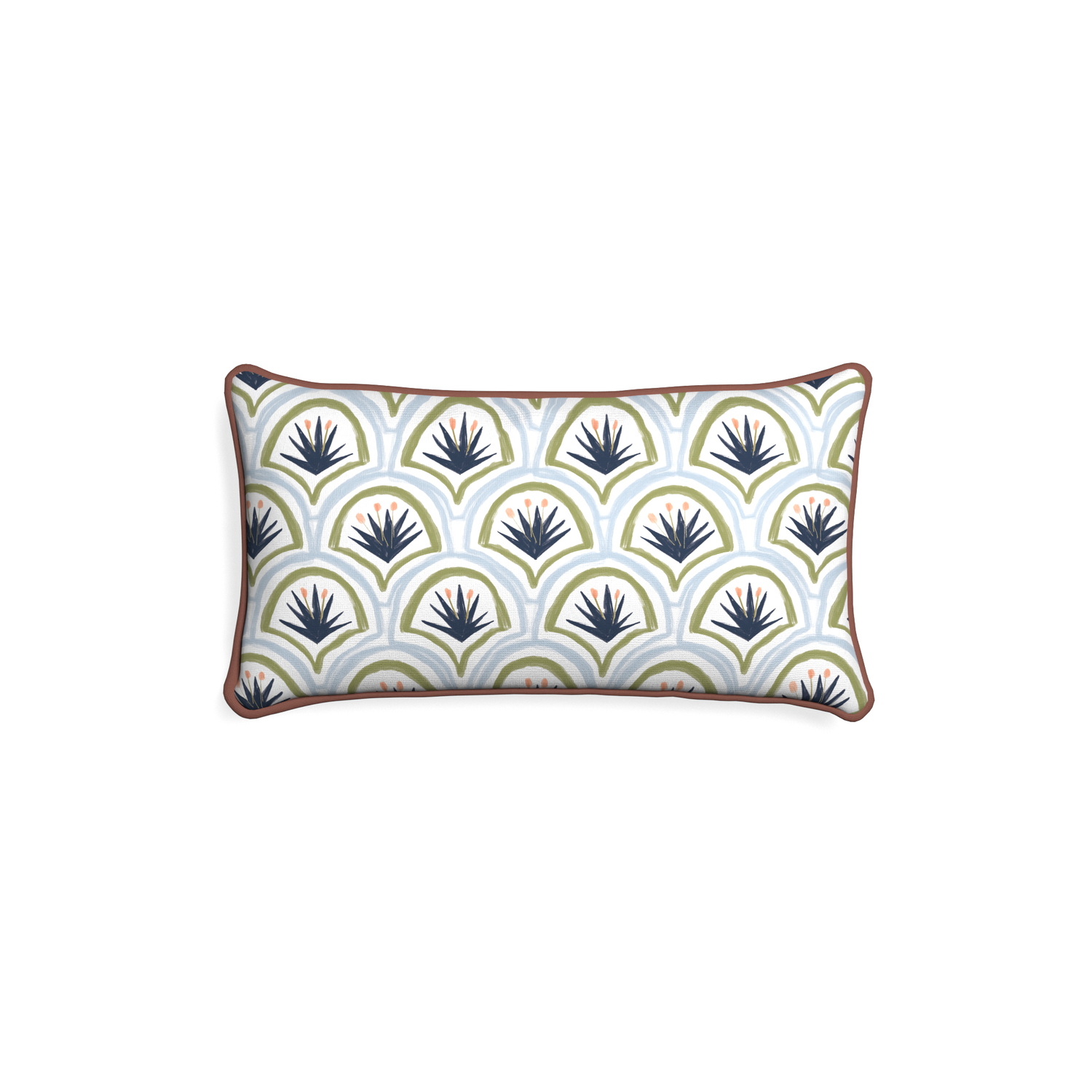 Petite-lumbar thatcher midnight custom art deco palm patternpillow with w piping on white background