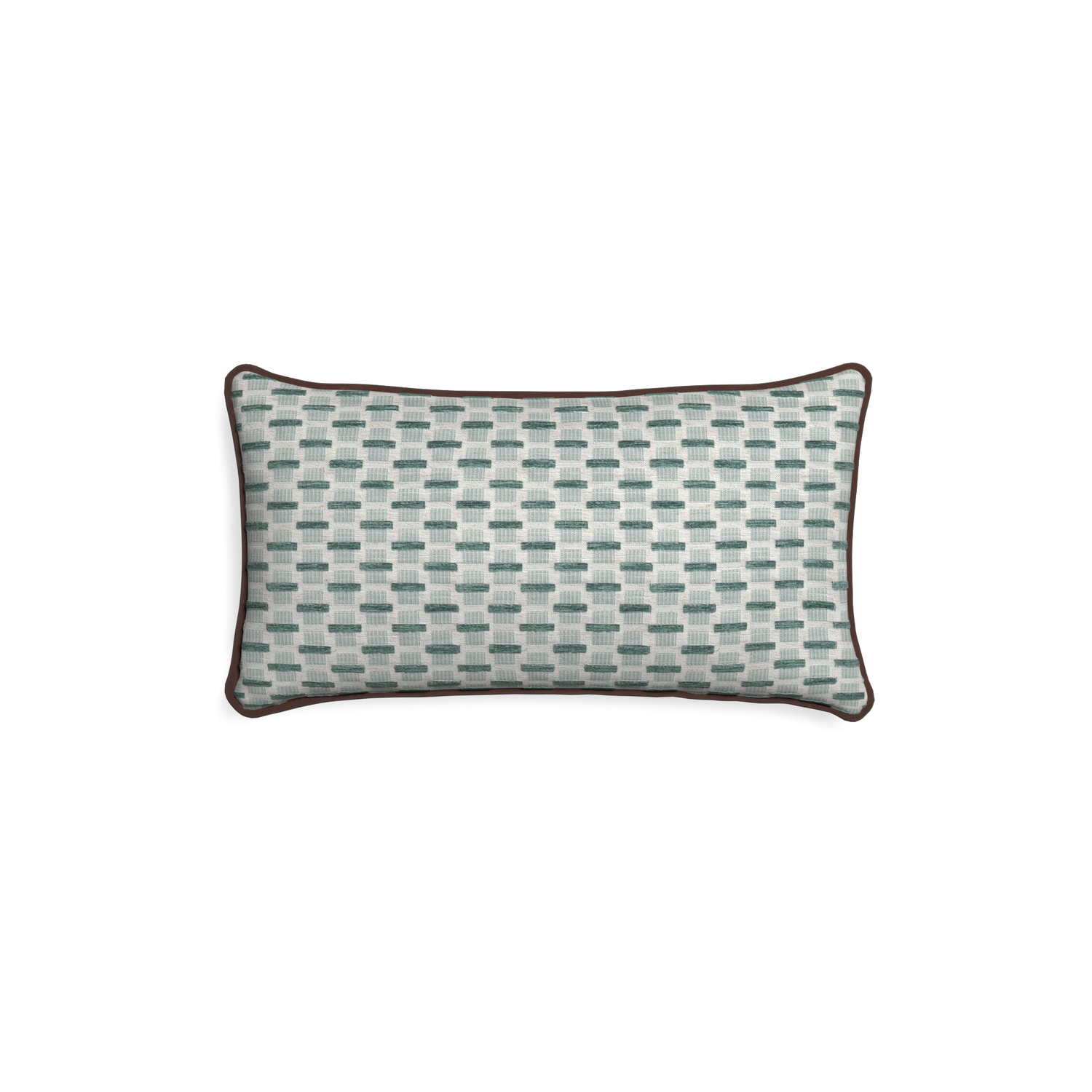 Petite-lumbar willow mint custom green geometric chenillepillow with w piping on white background