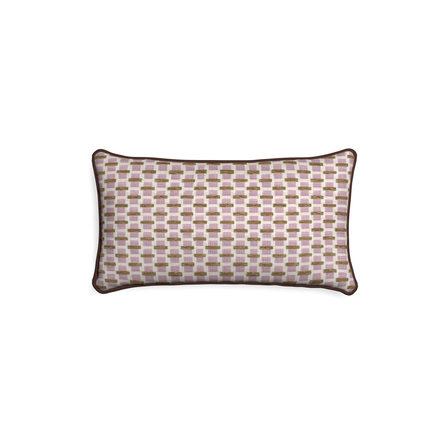 Petite-lumbar willow orchid custom pink geometric chenillepillow with w piping on white background