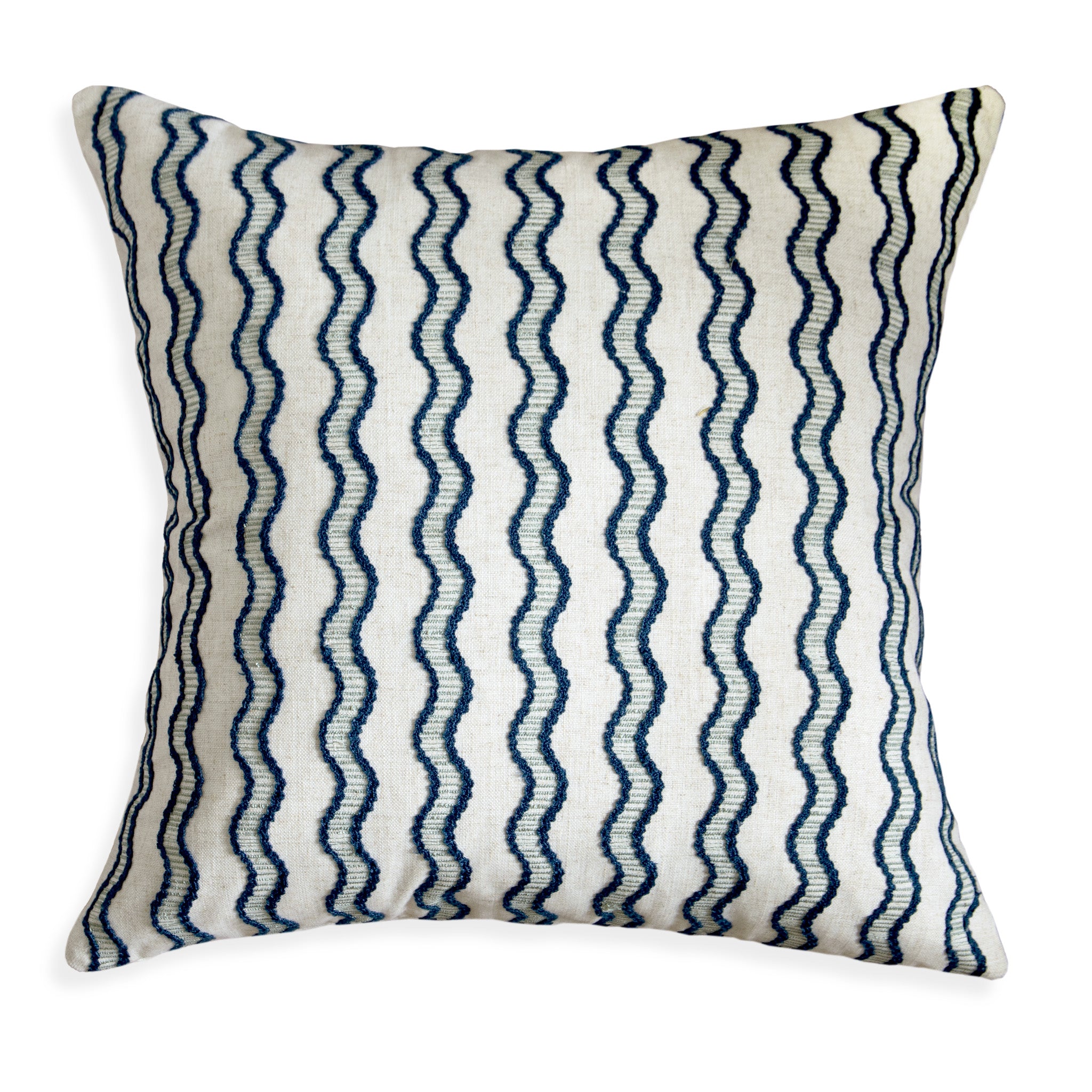 embroidered cream and navy blue wavy lines pillow