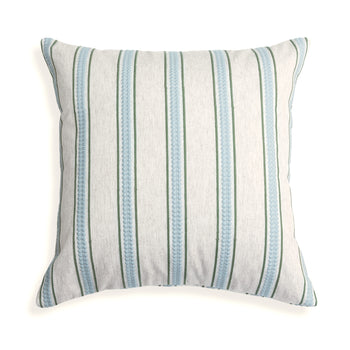 Margot Fern pillow with custom embroidered soft green and blue stripes on natural linen blend fabric.