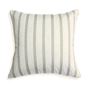 Vivienne pillow features pistachio embroidered stripes on natural linen-blend fabric for a custom, elegant home accent.