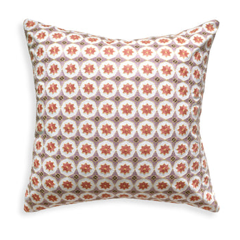 Hayes Coral pillow with intricate embroidery and geometric pattern, adding dimension and durability to any room.