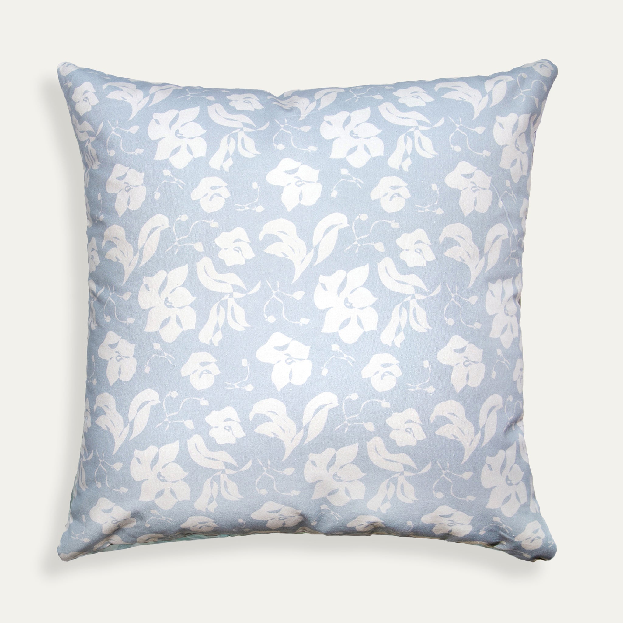 Georgia Cornflower decorative pillow with white floral print on light blue cotton, made-to-order, manufactured in the USA with quick turnaround
