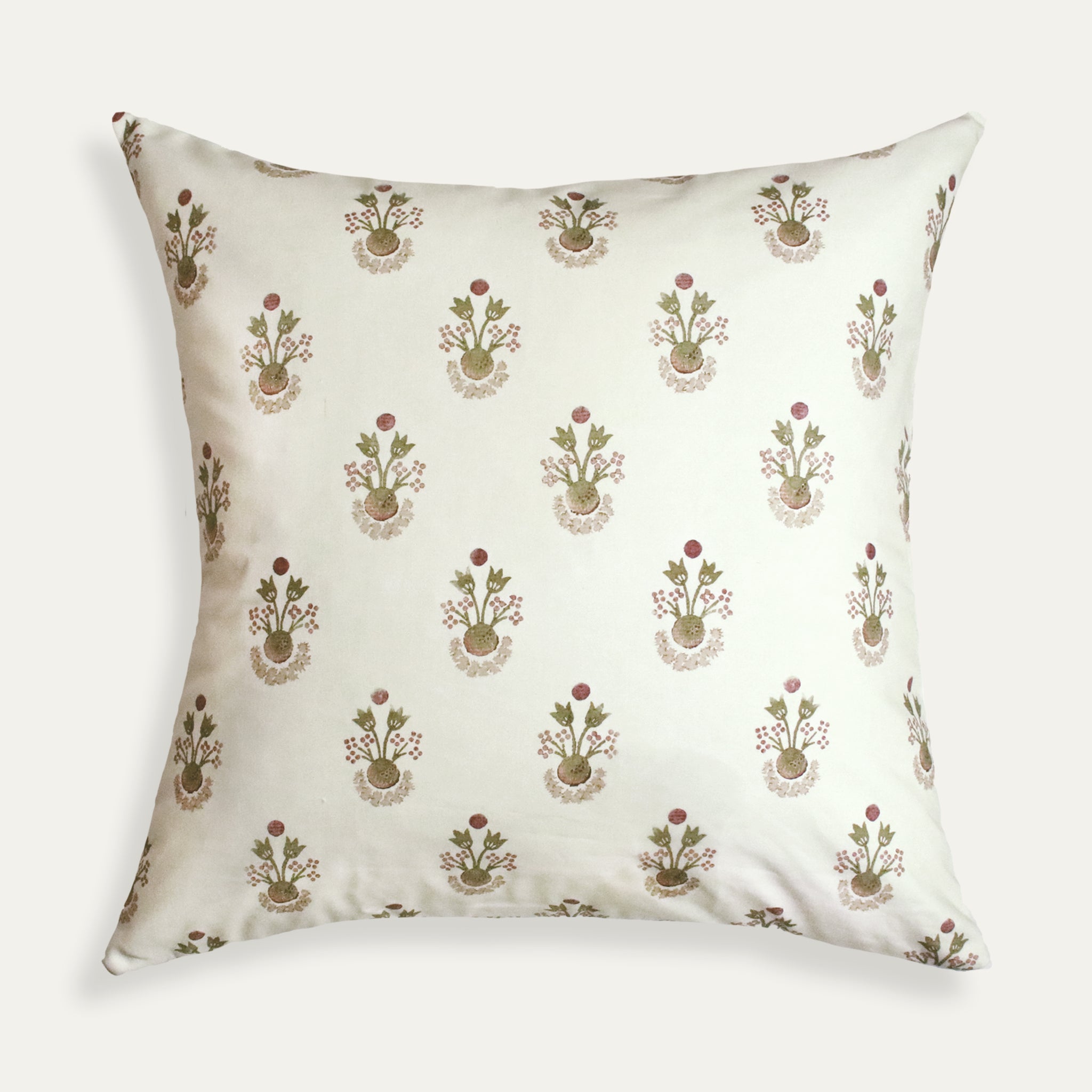Lucie Clay pillow with delicate floral pattern on soft clay background, made-to-order, short lead times, USA quality craftsmanship