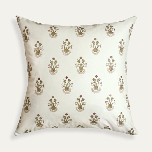 Lucie Clay pillow with delicate floral pattern on soft clay background, made-to-order, short lead times, USA quality craftsmanship
