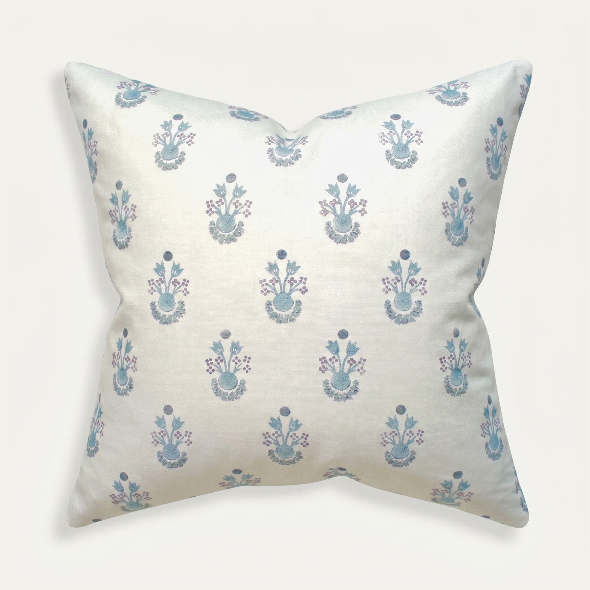 Lucie Cornflower pillow with delicate blue floral print on white cotton, made-to-order, short lead times, crafted in the USA quality