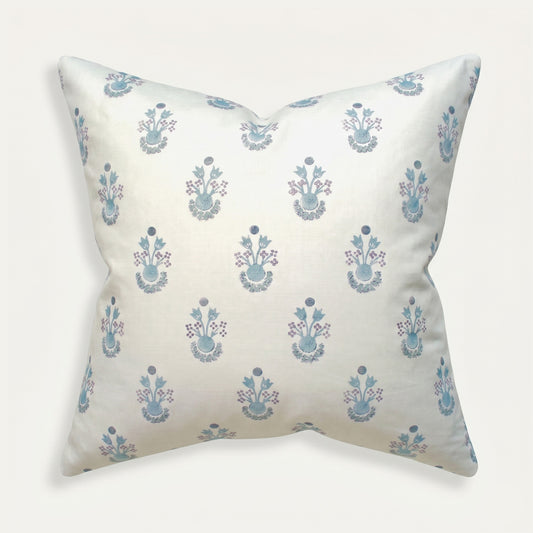 Lucie Cornflower pillow with delicate blue floral print on white cotton, made-to-order, short lead times, crafted in the USA quality