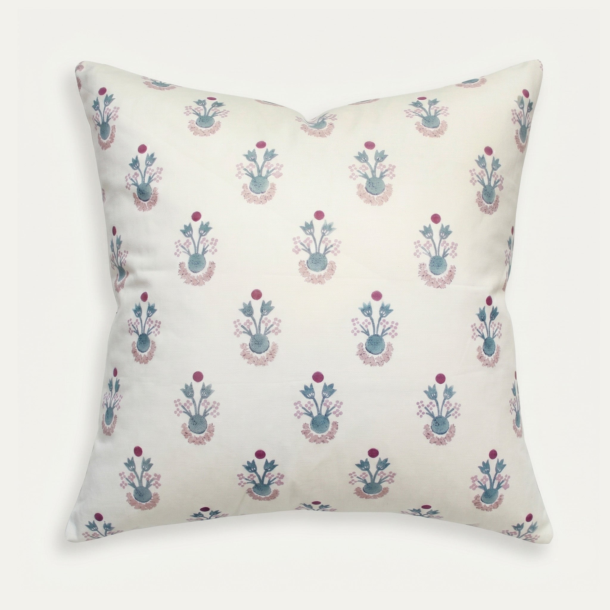 Lucie Harbor pillow with delicate blue and pink floral print on cream cotton, made-to-order, short lead times, USA quality craftsmanship