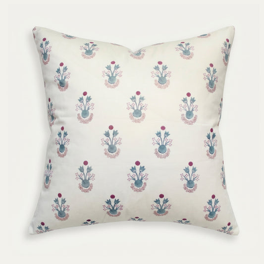 Lucie Harbor pillow with delicate blue and pink floral print on cream cotton, made-to-order, short lead times, USA quality craftsmanship