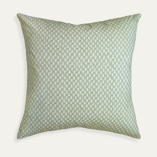 Quinn Eucalyptus pillow in muted green with a subtle repeating leaf pattern, customizable and made-to-order design