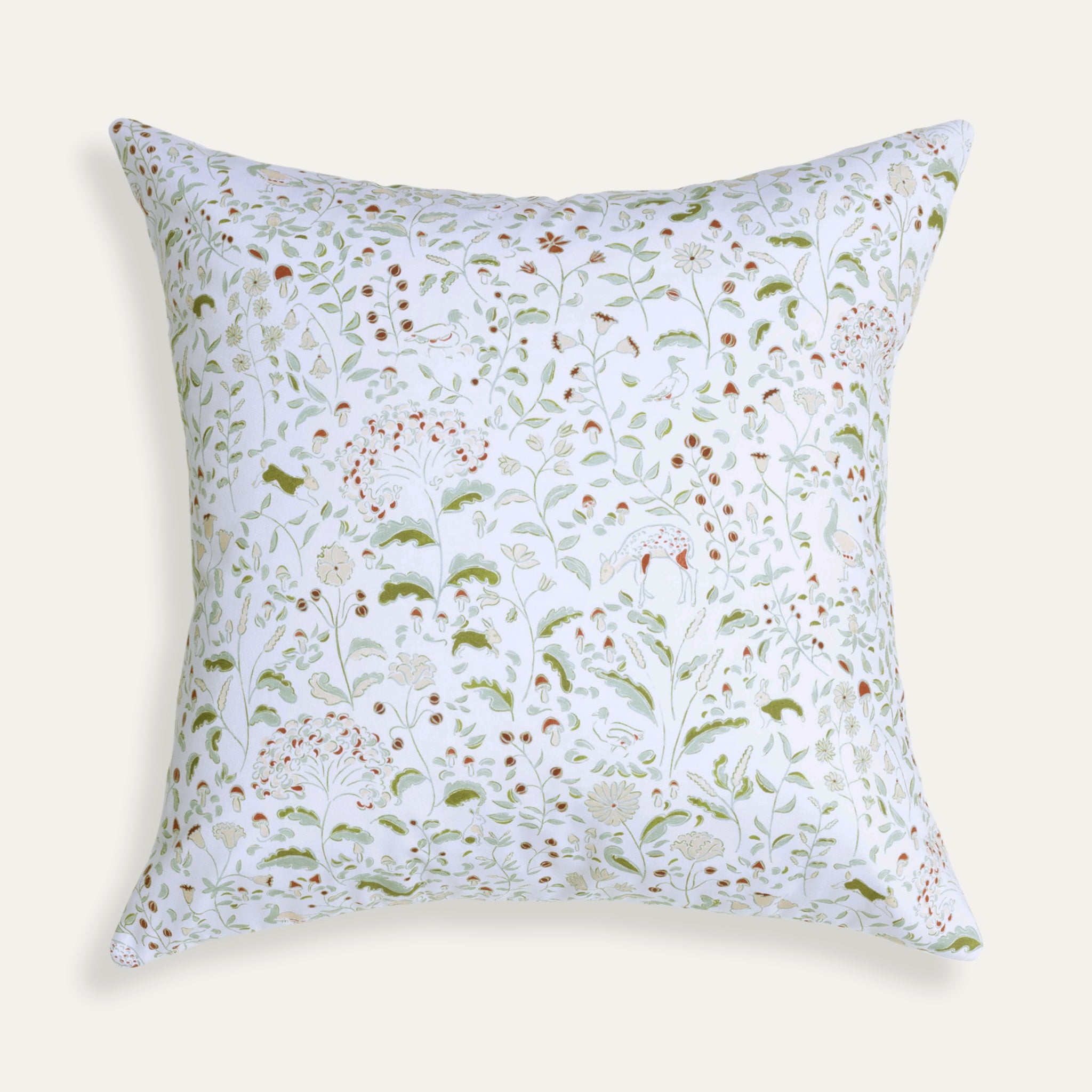 Ruby Moss pillow featuring delicate hand-painted floral and woodland creatures pattern by Claire de Quenetain.