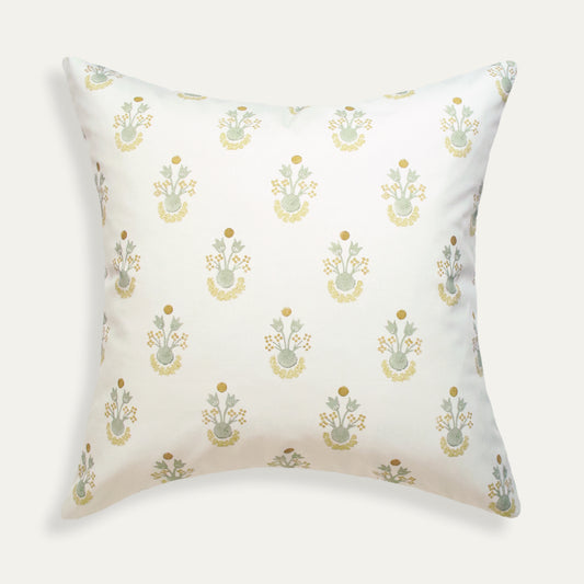 Lucie Chamomile pillow with subtle chamomile floral print on white linen, made-to-order, short lead times, USA quality craftsmanship
