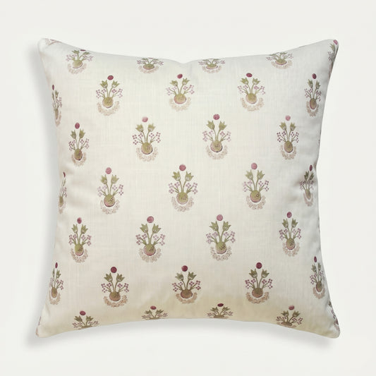 Lucie Clay pillow with small floral motif on soft cream background, made-to-order, short lead times, manufactured in the USA quality