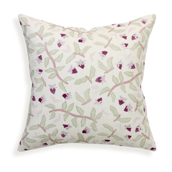 Nellie Plum cushion with lush strawberry vine pattern in soft sage greens and deep plum by Pepper Home.