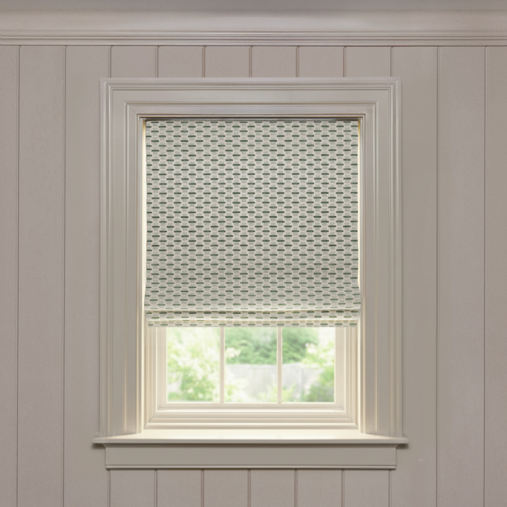 Willow Mint Flat made-to-order Roman shade in soft mint fabric with woven textured pattern, customizable designer window treatment