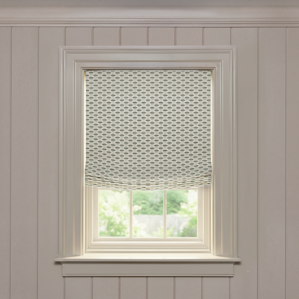 Willow Mint Relaxed custom Roman shade in soft fabric with subtle geometric pattern, made-to-order designer window treatment