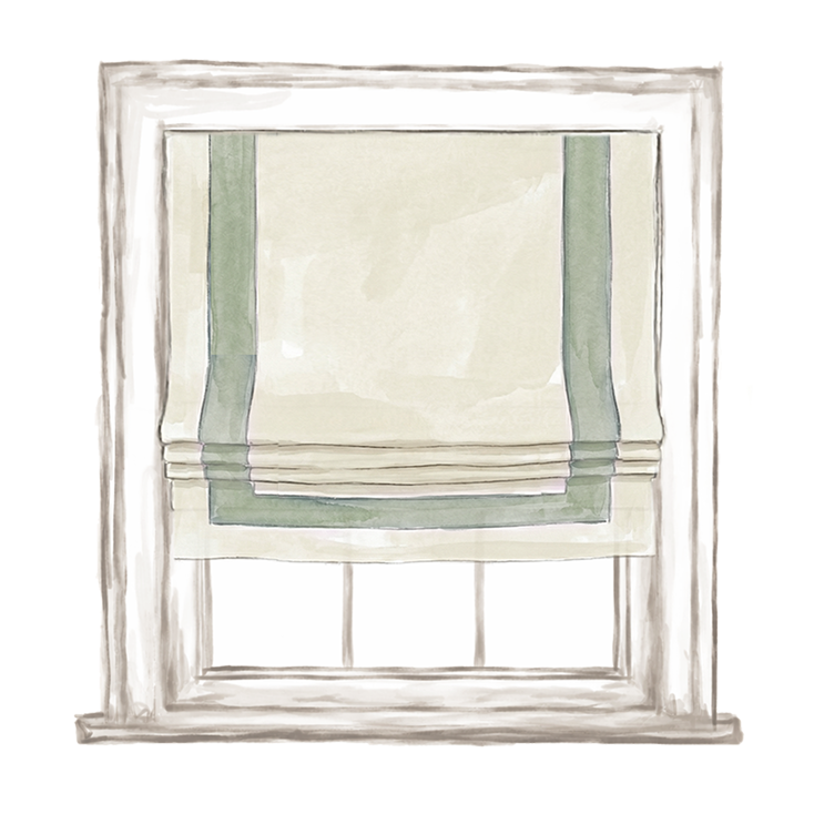Lucie Clay roman shade with soft clay fabric and green border trim, made-to-order custom window treatment.